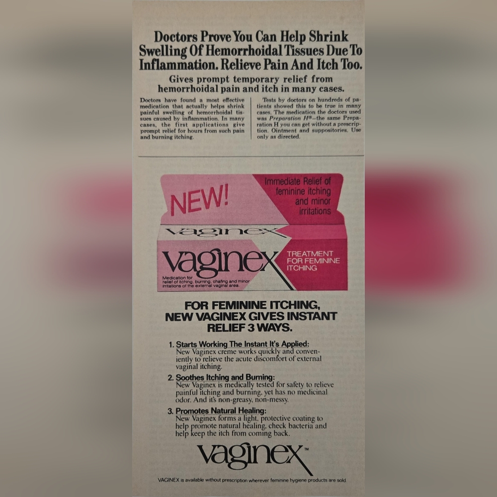 1980 VAGINEX Print Ad Feminine Itching Relief Hemorrhoid Relief PREPARATION H